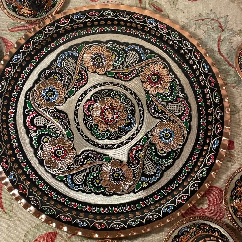 Handcrafted Copper Turkish Ceramic Coffee and Expresso Set with Tray